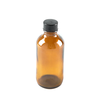 Vetri 4 oz Boston Round Amber Glass Bottle - with Black Phenolic Cap - 2" x 2" x 4 1/2" - 24 count box