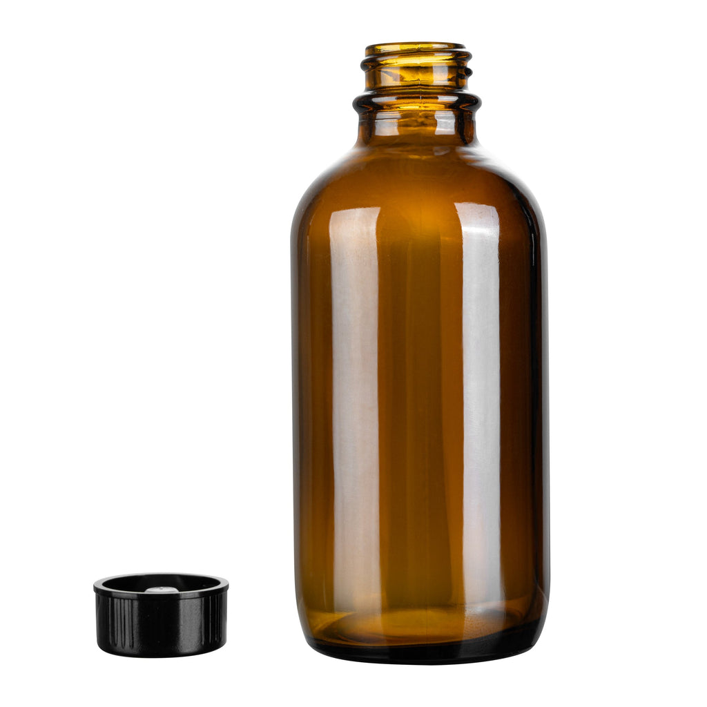 Vetri 4 oz Boston Round Amber Glass Bottle - with Black Phenolic Cap - 2" x 2" x 4 1/2" - 24 count box