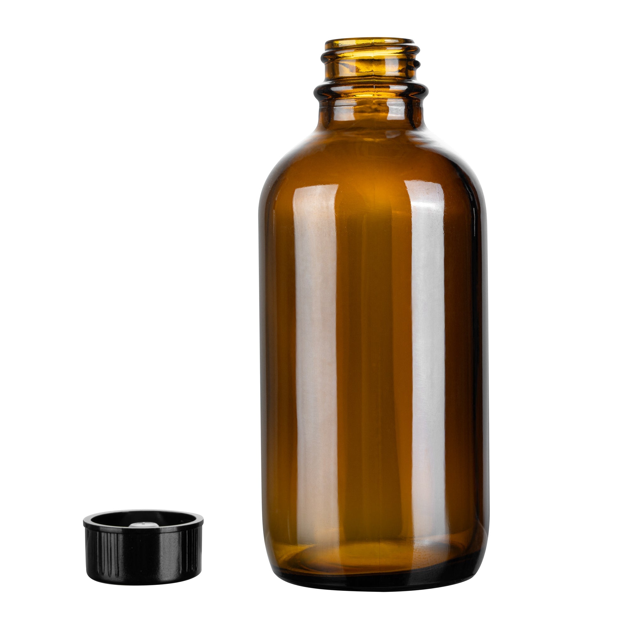 Vetri 4 oz Boston Round Amber Glass Bottle - with Black Phenolic Cap - 2" x 2" x 4 1/2" - 24 count box