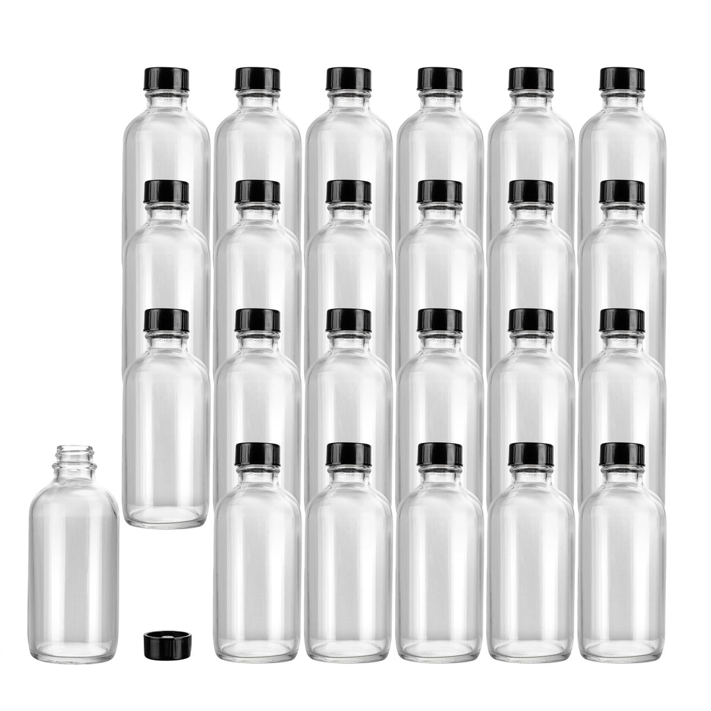 Vetri 4 oz Boston Round Clear Glass Bottle - with Black Phenolic Cap - 2" x 2" x 4 1/2" - 24 count box