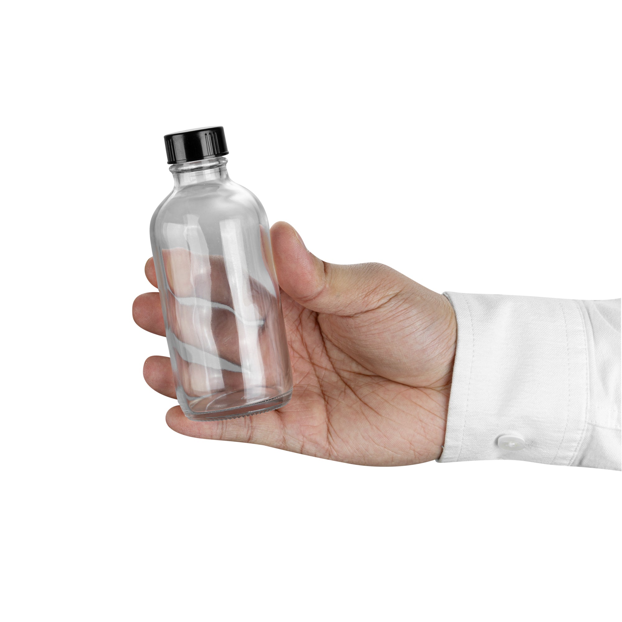 Vetri 4 oz Boston Round Clear Glass Bottle - with Black Phenolic Cap - 2" x 2" x 4 1/2" - 24 count box