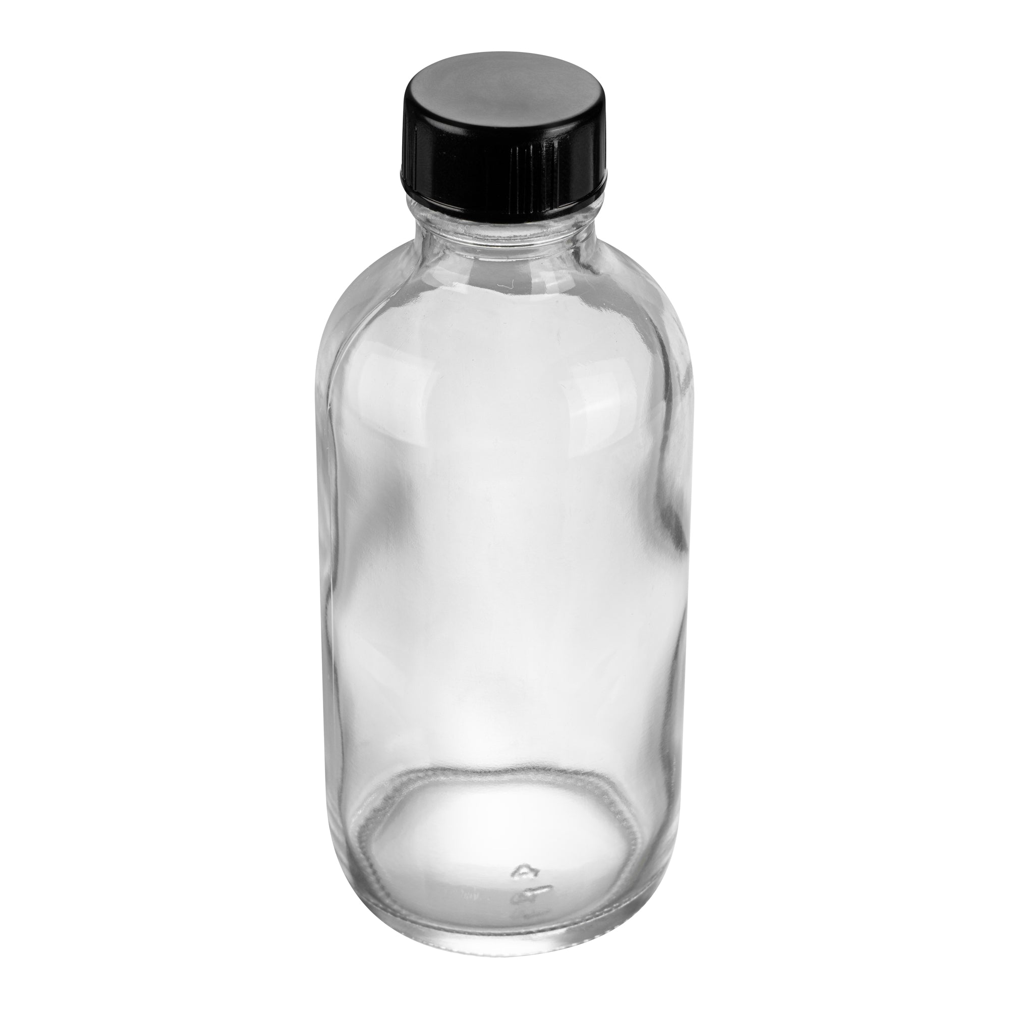 Vetri 4 oz Boston Round Clear Glass Bottle - with Black Phenolic Cap - 2" x 2" x 4 1/2" - 24 count box