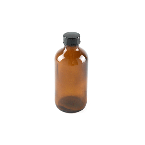 Vetri 8 oz Boston Round Amber Glass Bottle - with Black Phenolic Cap - 2 1/2" x 2 1/2" x 5 1/2" - 12 count box