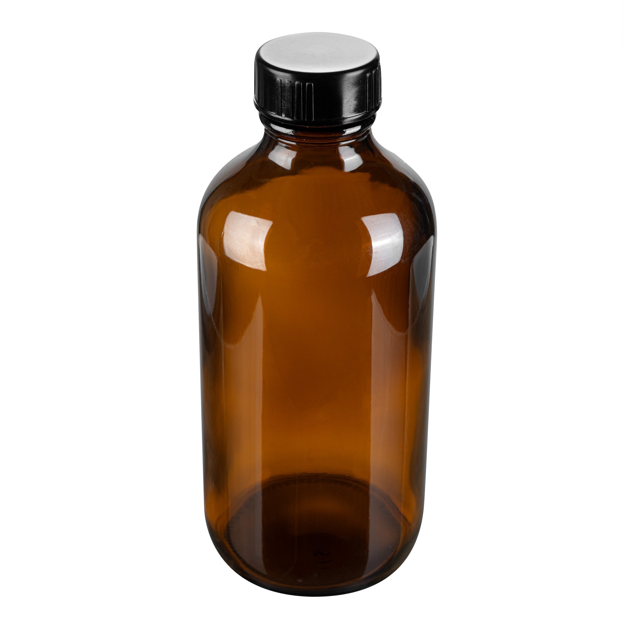 Vetri 8 oz Boston Round Amber Glass Bottle - with Black Phenolic Cap - 2 1/2" x 2 1/2" x 5 1/2" - 12 count box