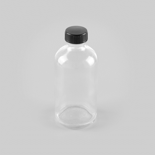 Vetri 8 oz Boston Round Clear Glass Bottle - with Black Phenolic Cap - 2 1/2" x 2 1/2" x 5 1/2" - 12 count box