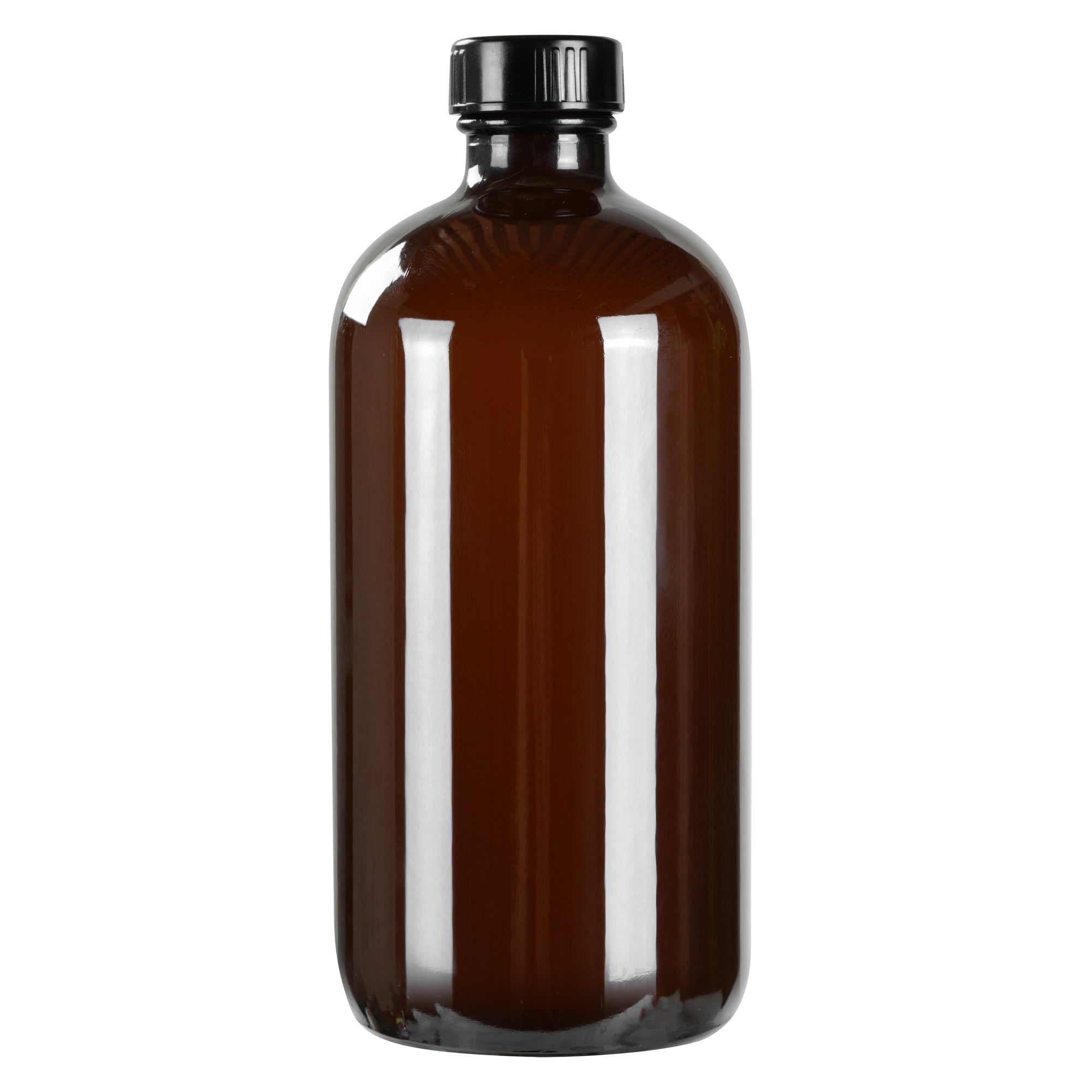 Vetri 16 oz Boston Round Amber Glass Bottle - with Black Phenolic Cap - 3" x 3" x 6 3/4" - 12 count box