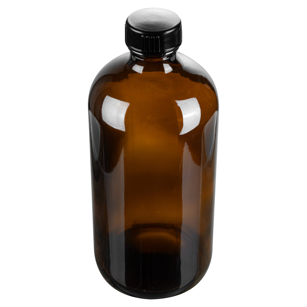 Vetri 16 oz Boston Round Amber Glass Bottle - with Black Phenolic Cap - 3" x 3" x 6 3/4" - 12 count box