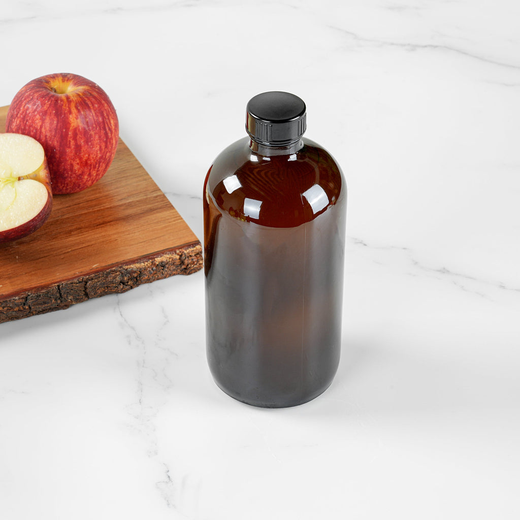Vetri 16 oz Boston Round Amber Glass Bottle - with Black Phenolic Cap - 3" x 3" x 6 3/4" - 12 count box