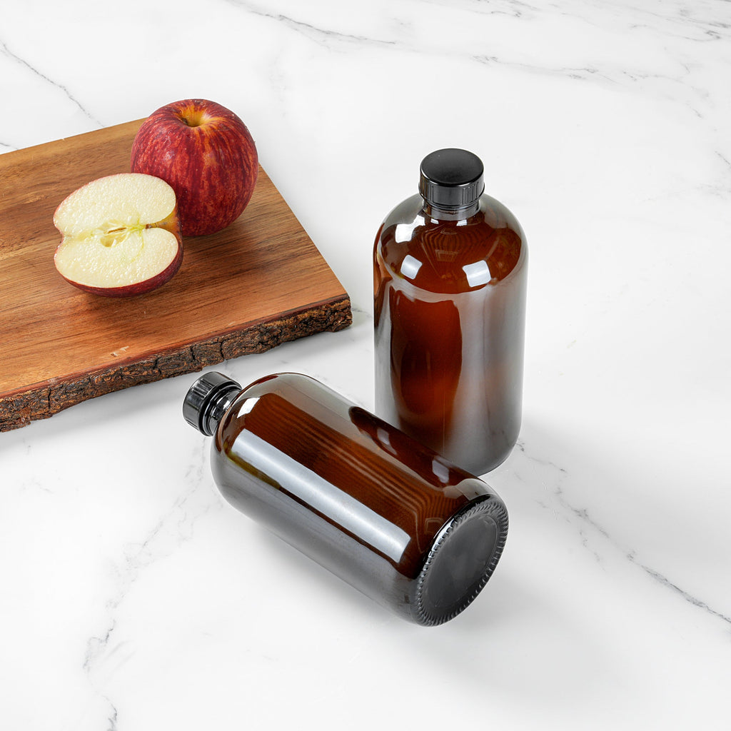 Vetri 16 oz Boston Round Amber Glass Bottle - with Black Phenolic Cap - 3" x 3" x 6 3/4" - 12 count box