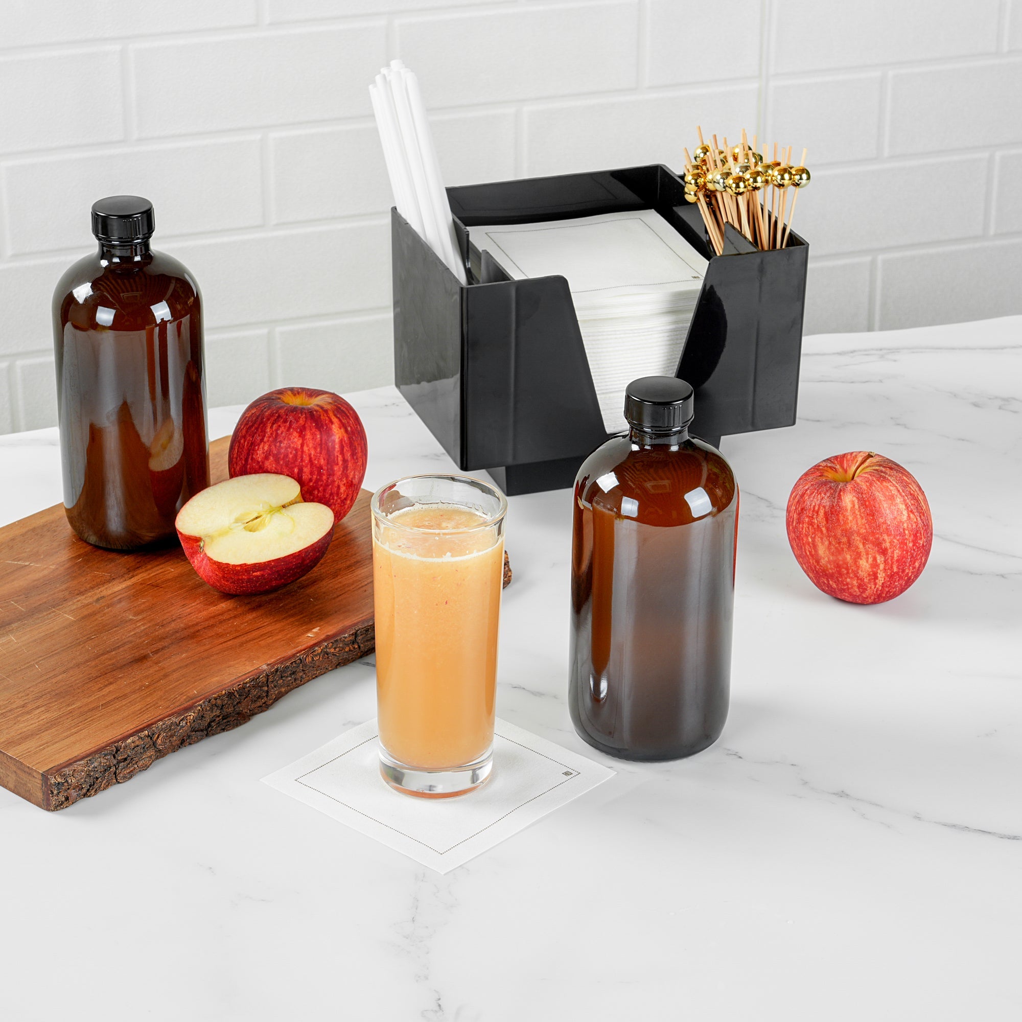 Vetri 16 oz Boston Round Amber Glass Bottle - with Black Phenolic Cap - 3" x 3" x 6 3/4" - 12 count box