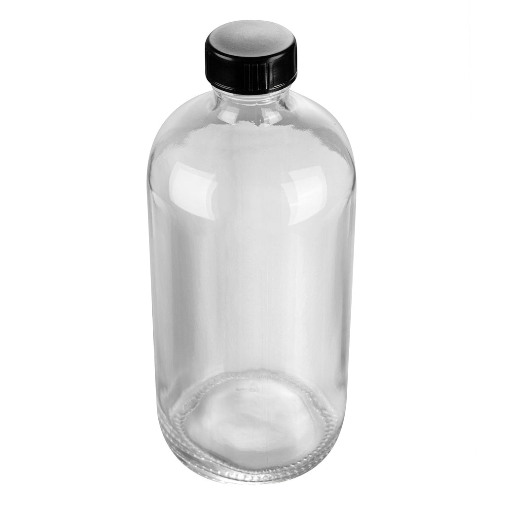 Vetri 16 oz Boston Round Clear Glass Bottle - with Black Phenolic Cap - 3" x 3" x 6 3/4" - 12 count box