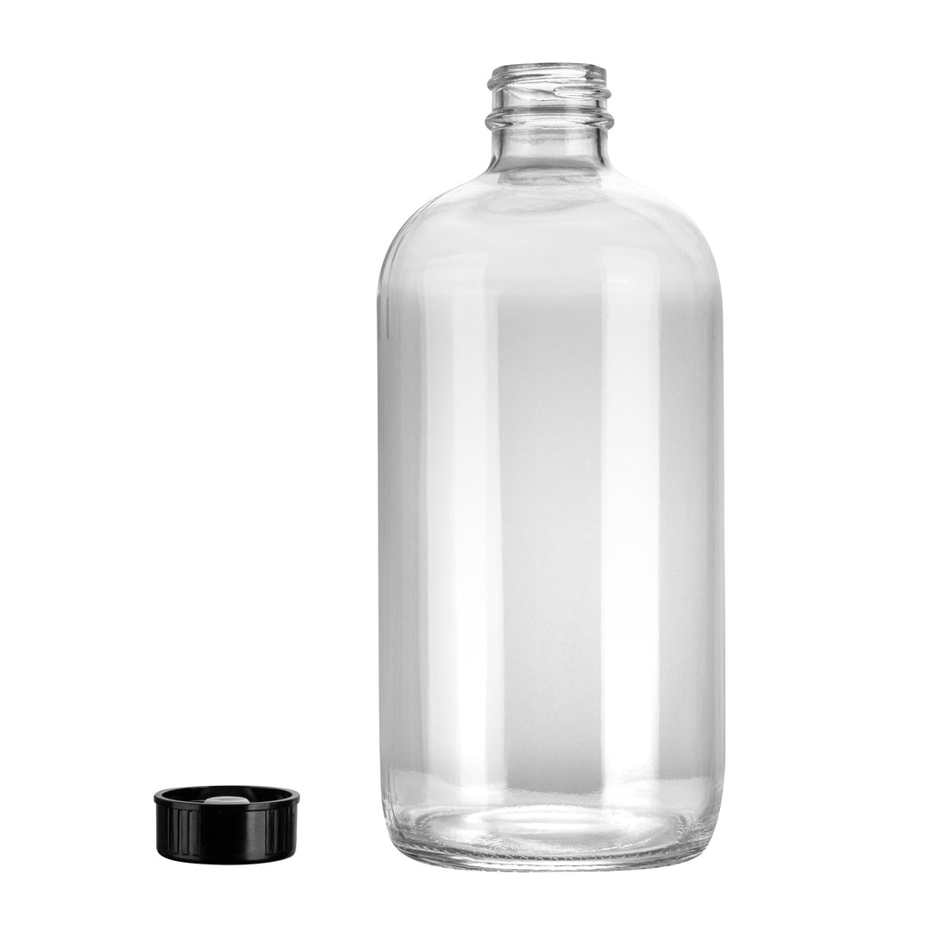 Vetri 16 oz Boston Round Clear Glass Bottle - with Black Phenolic Cap - 3" x 3" x 6 3/4" - 12 count box