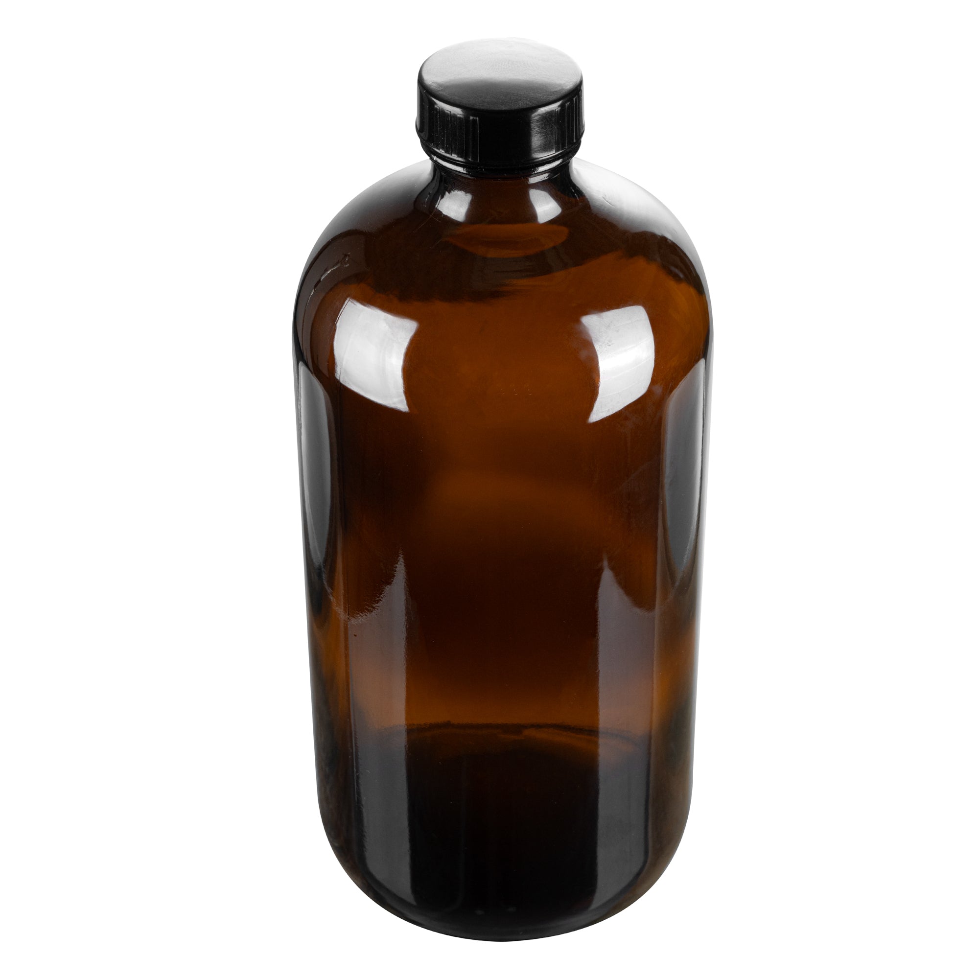 Vetri 32 oz Boston Round Amber Glass Bottle - with Black Phenolic Cap - 3 3/4" x 3 3/4" x 8" - 12 count box