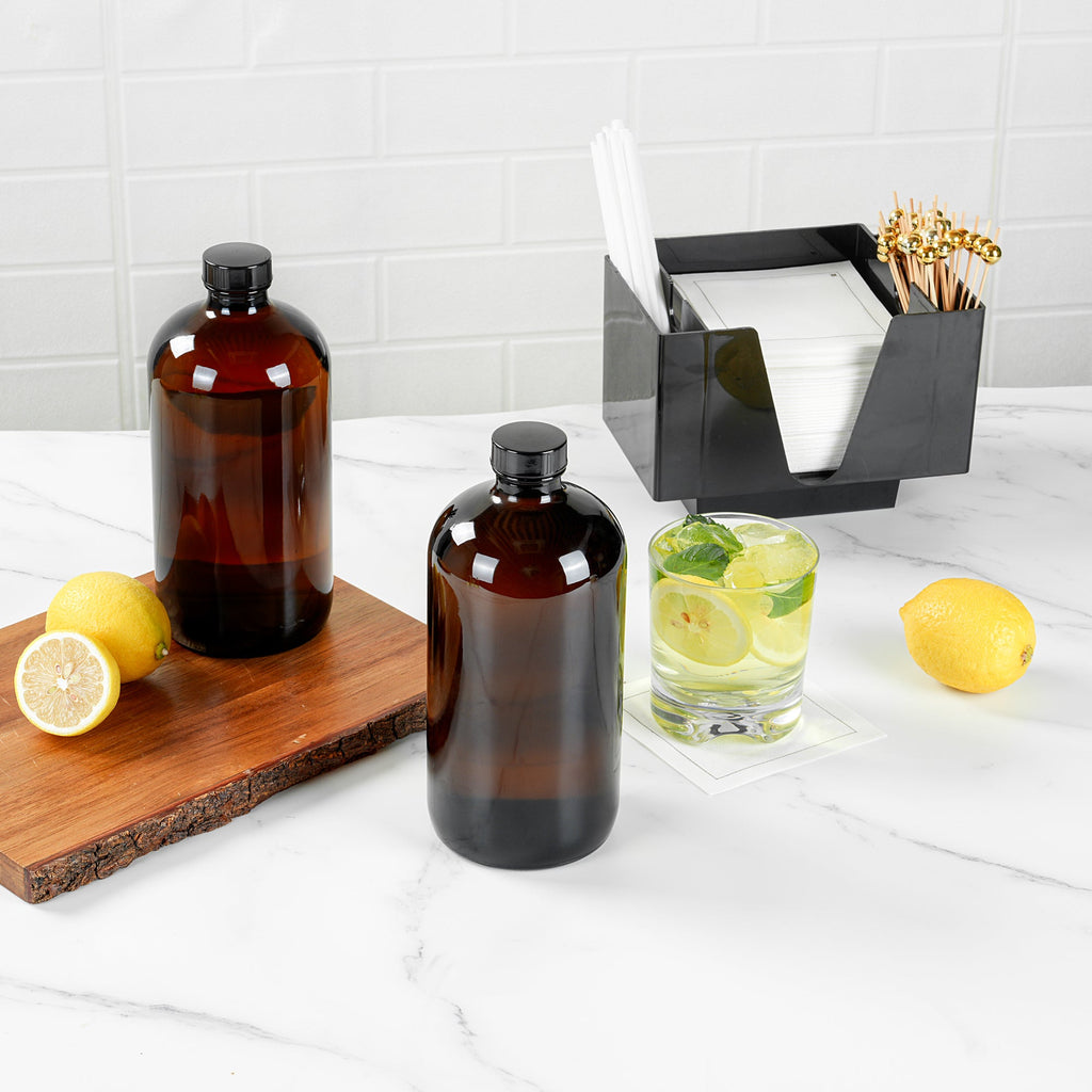 Vetri 32 oz Boston Round Amber Glass Bottle - with Black Phenolic Cap - 3 3/4" x 3 3/4" x 8" - 12 count box