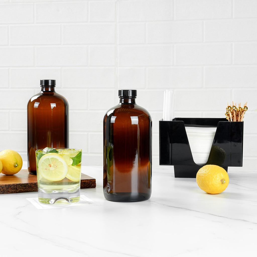 Vetri 32 oz Boston Round Amber Glass Bottle - with Black Phenolic Cap - 3 3/4" x 3 3/4" x 8" - 12 count box