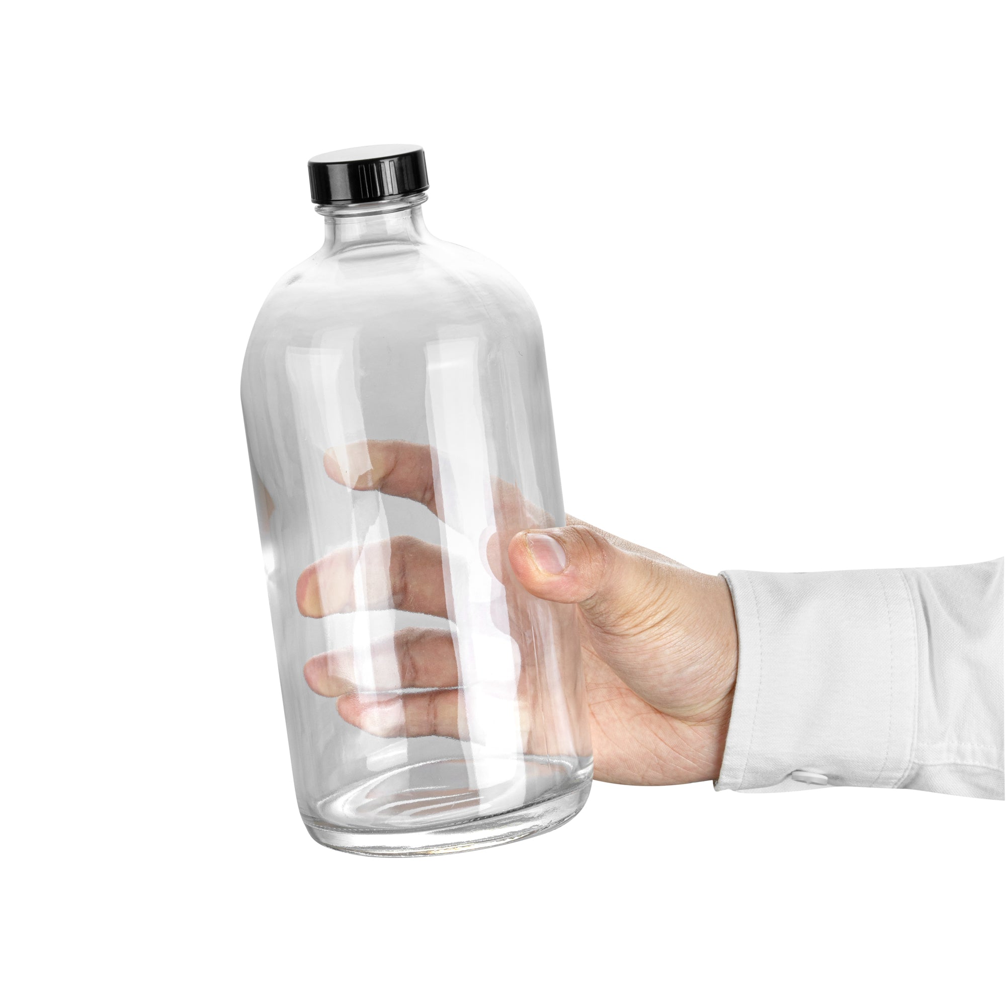 Vetri 32 oz Boston Round Clear Glass Bottle - with Black Phenolic Cap - 3 3/4" x 3 3/4" x 8" - 12 count box