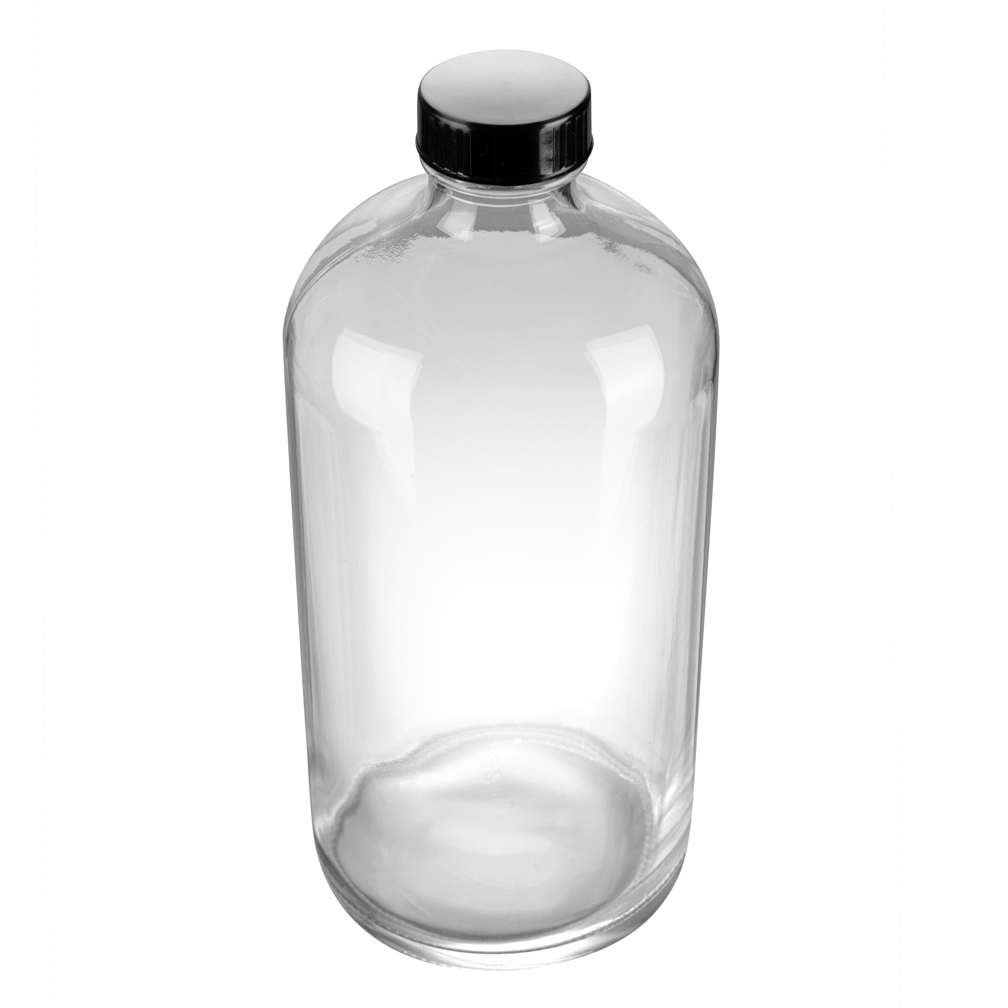 Vetri 32 oz Boston Round Clear Glass Bottle - with Black Phenolic Cap - 3 3/4" x 3 3/4" x 8" - 12 count box