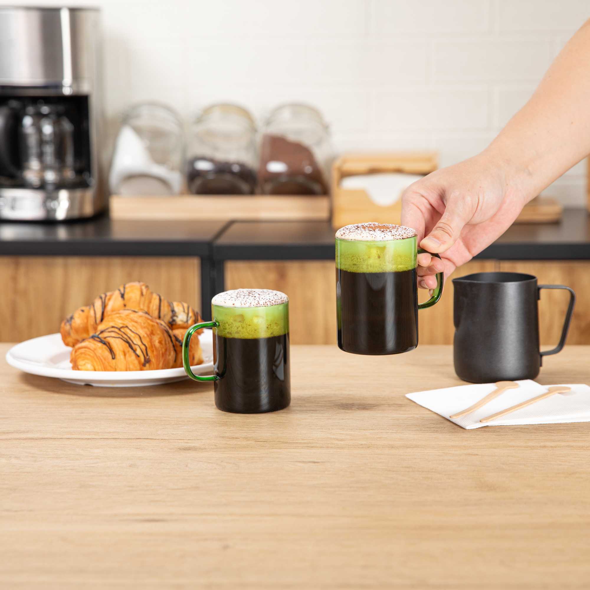 Forma Professional 7 oz Green Glass Coffee Mug - Borosilicate, with Handle - 2 1/2" x 2 1/2" x 3 1/2" - 12 count box