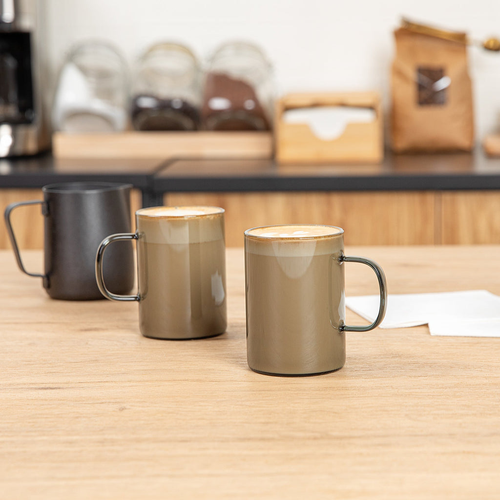 Forma Professional 7 oz Gray Glass Coffee Mug - Borosilicate, with Handle - 2 1/2" x 2 1/2" x 3 1/2" - 12 count box