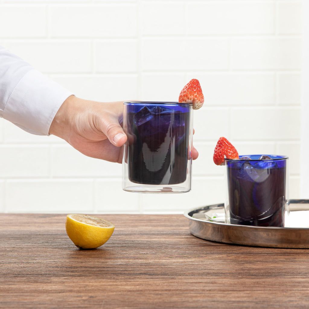 Forma Professional 9 oz Blue Glass Tumbler - Double Wall, Borosilicate - 3 1/4" x 3 1/4" x 4" - 12 count box