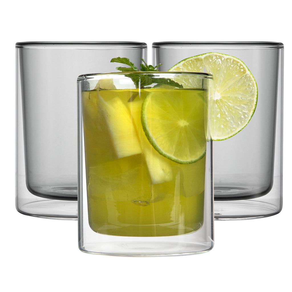 Forma Professional 9 oz Gray Glass Tumbler - Double Wall, Borosilicate - 3 1/4" x 3 1/4" x 4" - 2 count box