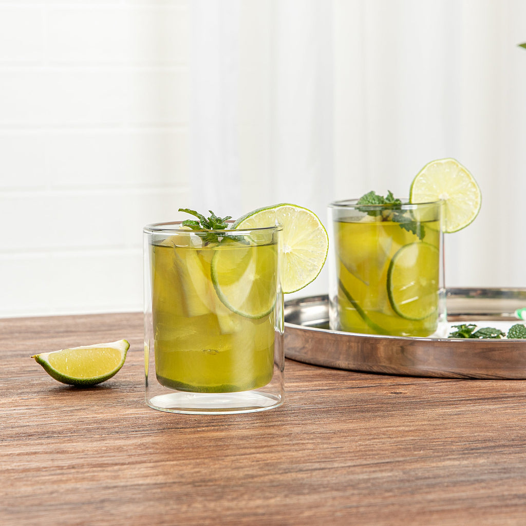 Forma Professional 9 oz Gray Glass Tumbler - Double Wall, Borosilicate - 3 1/4" x 3 1/4" x 4" - 2 count box
