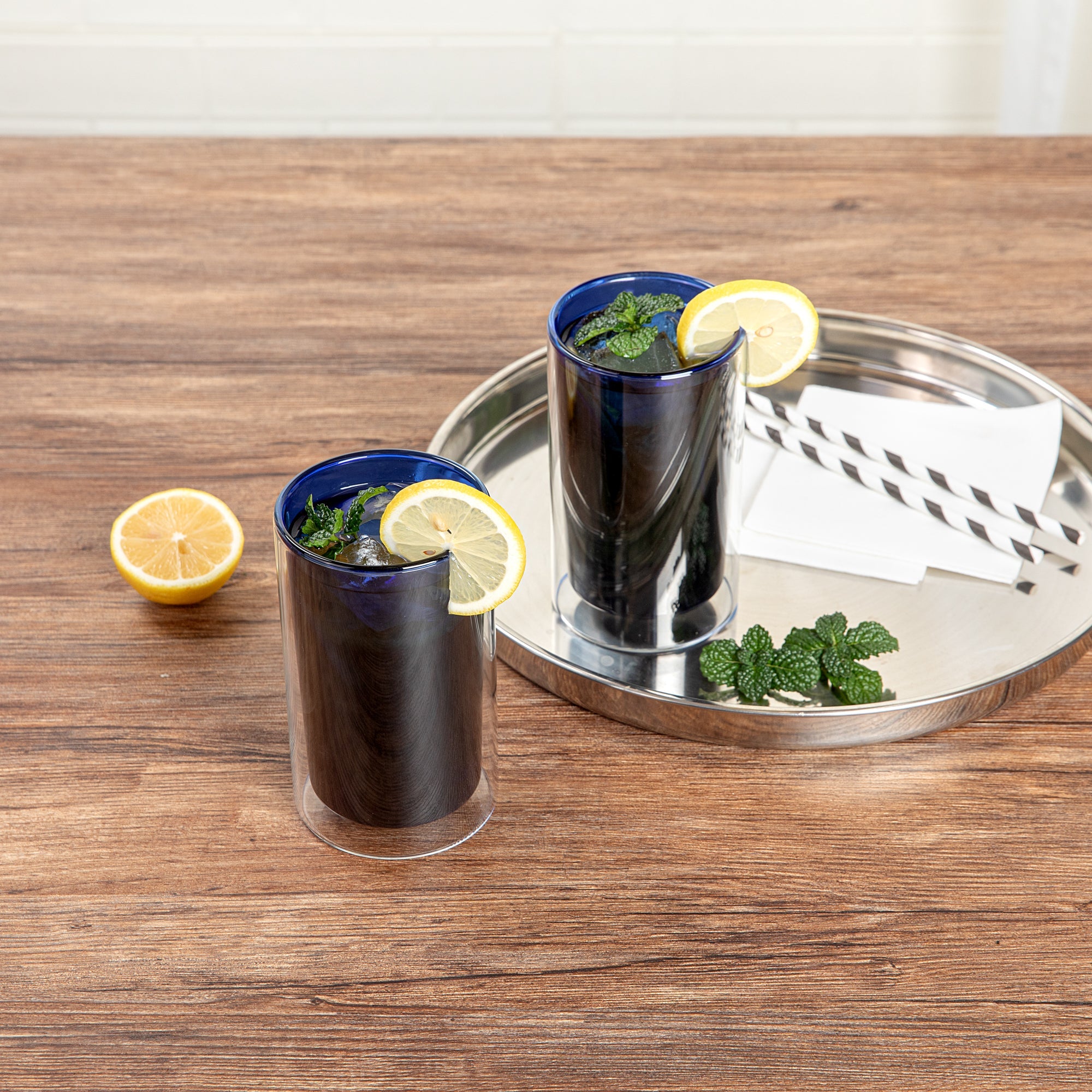 Forma Professional 14 oz Blue Glass Tumbler - Double Wall, Borosilicate - 3 1/4" x 3 1/4" x 5 1/4" - 2 count box