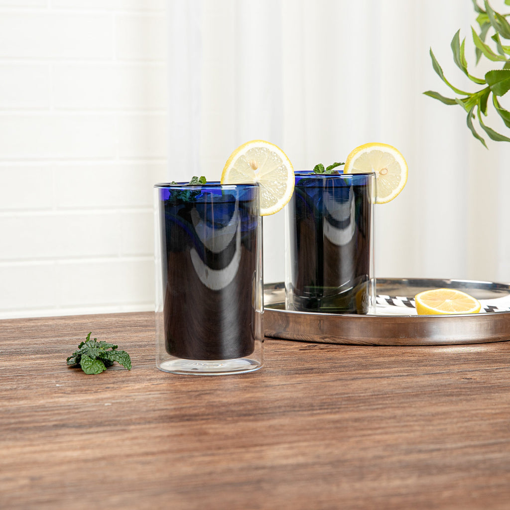 Forma Professional 14 oz Blue Glass Tumbler - Double Wall, Borosilicate - 3 1/4" x 3 1/4" x 5 1/4" - 12 count box