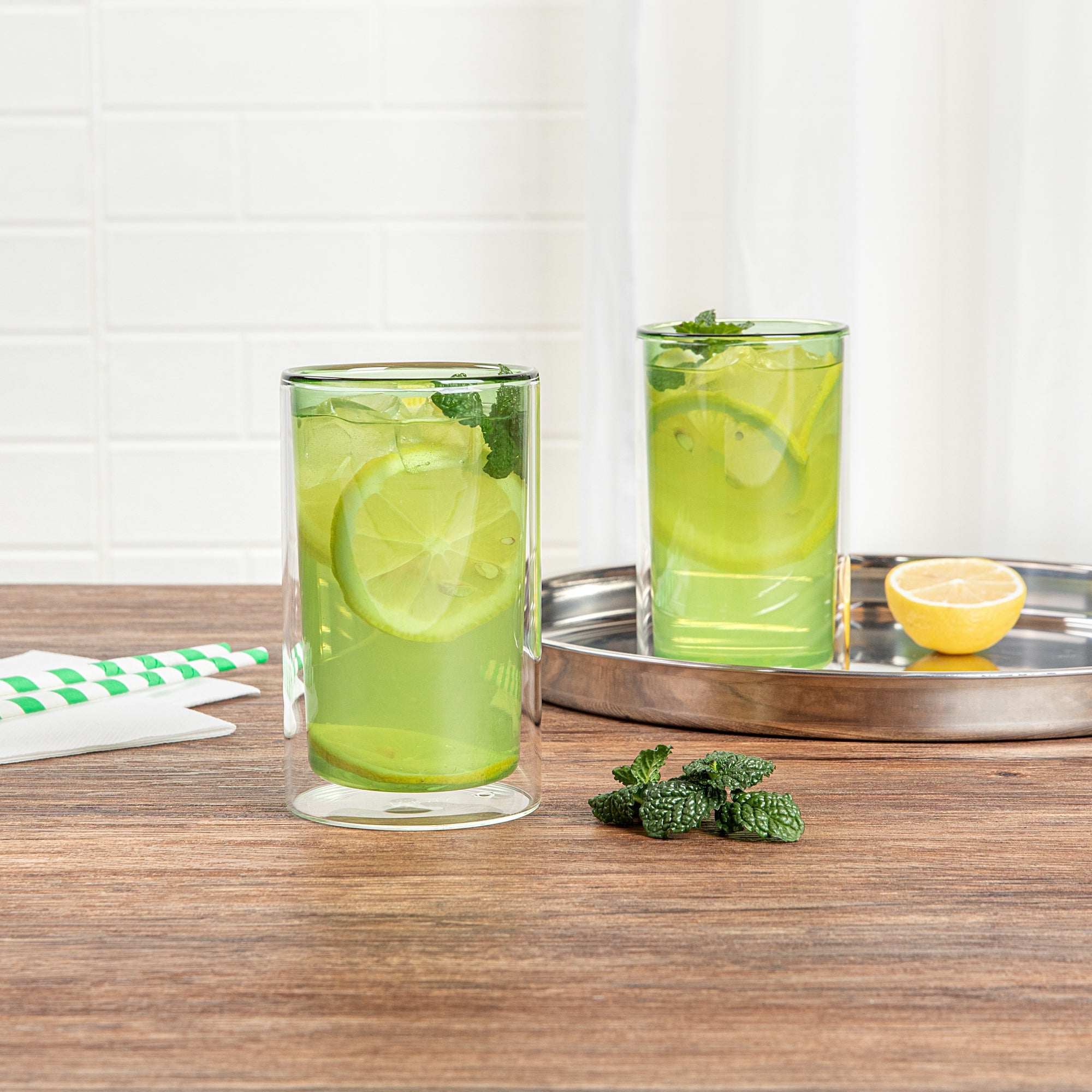 Forma Professional 14 oz Green Glass Tumbler - Double Wall, Borosilicate - 3 1/4" x 3 1/4" x 5 1/4" - 12 count box