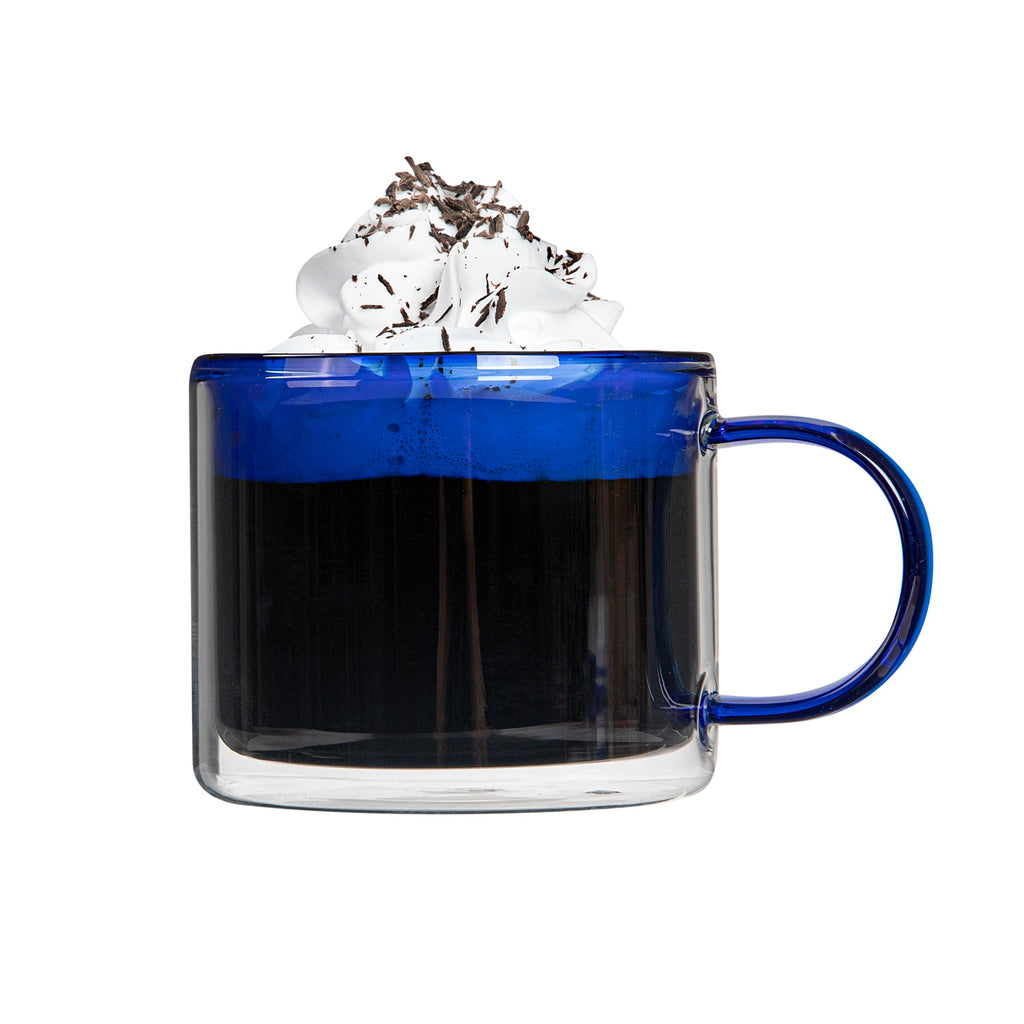 Forma Professional 11 oz Blue Glass Coffee Mug - Double Wall, Borosilicate, with Handle - 3 1/2" x 3 1/2" x 3" - 2 count box