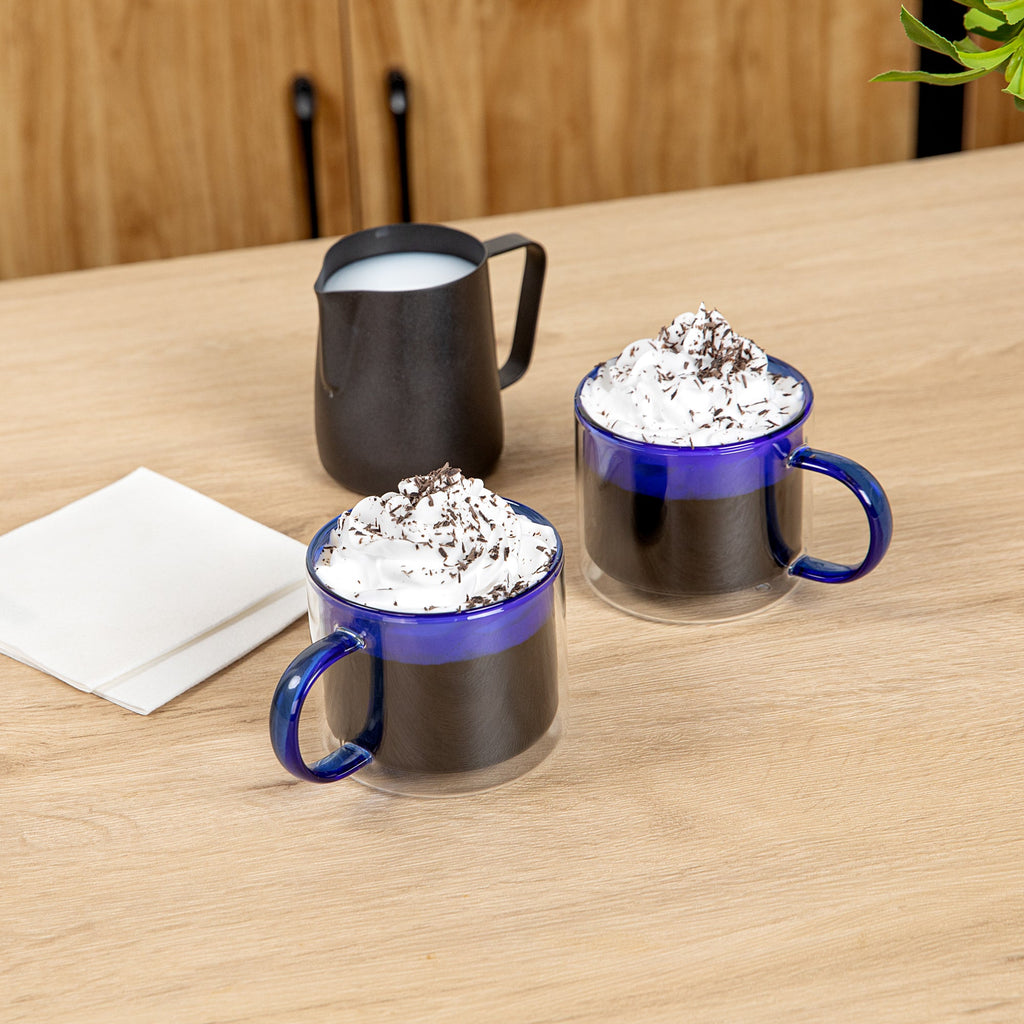 Forma Professional 11 oz Blue Glass Coffee Mug - Double Wall, Borosilicate, with Handle - 3 1/2" x 3 1/2" x 3" - 2 count box