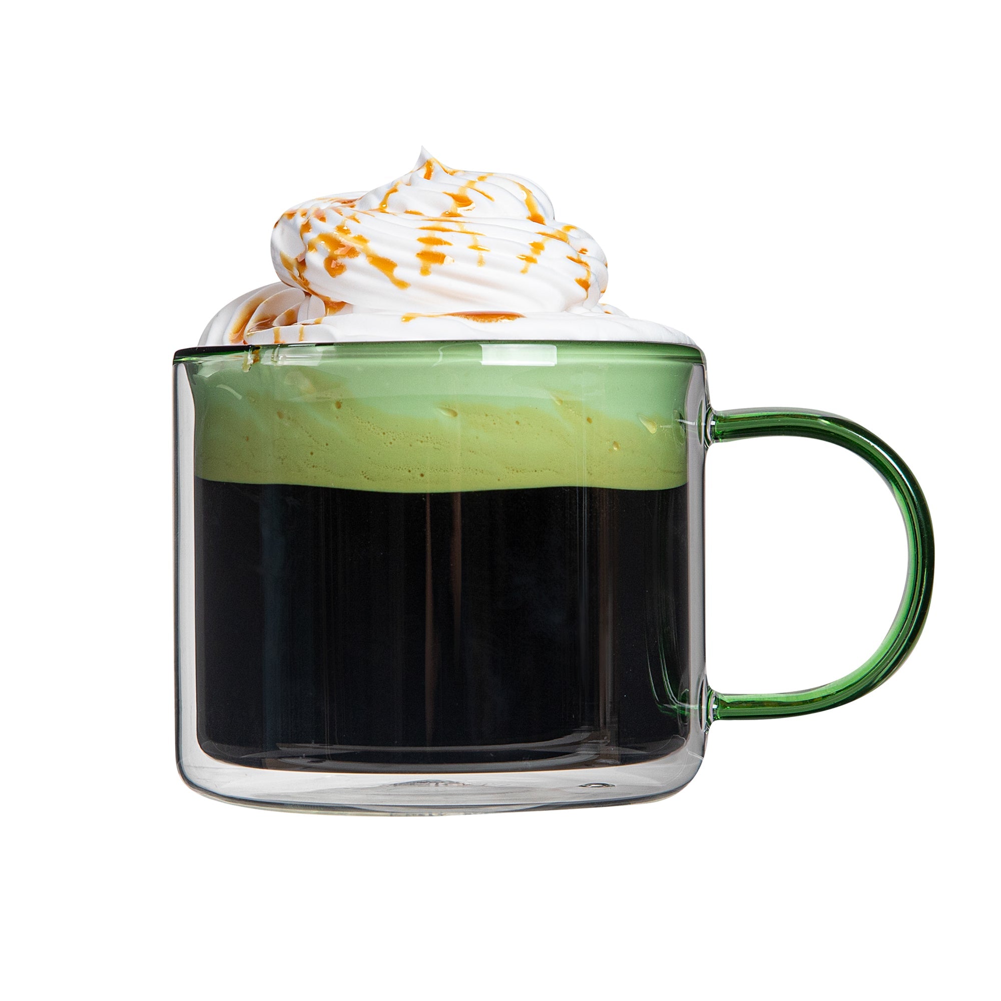 Forma Professional 11 oz Green Glass Coffee Mug - Double Wall, Borosilicate, with Handle - 3 1/2" x 3 1/2" x 3" - 2 count box