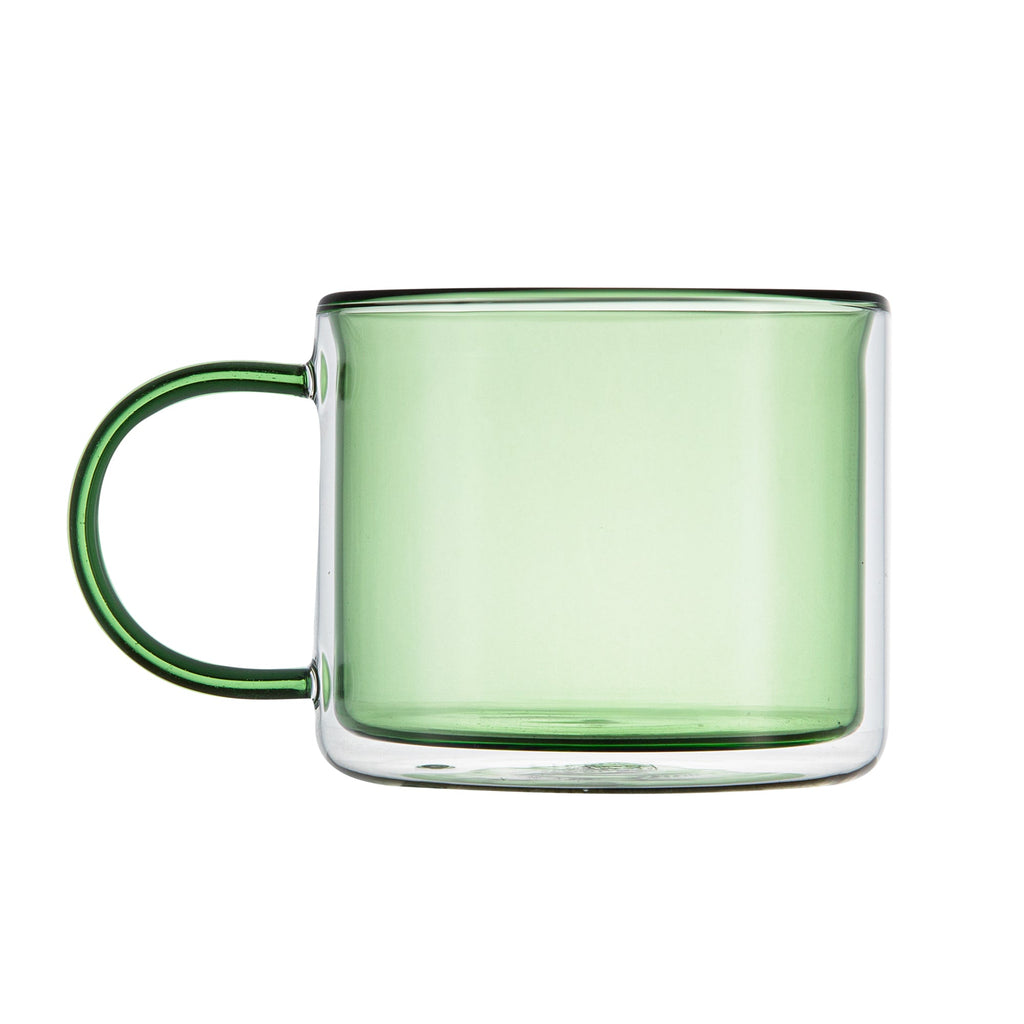 Forma Professional 11 oz Green Glass Coffee Mug - Double Wall, Borosilicate, with Handle - 3 1/2" x 3 1/2" x 3" - 2 count box