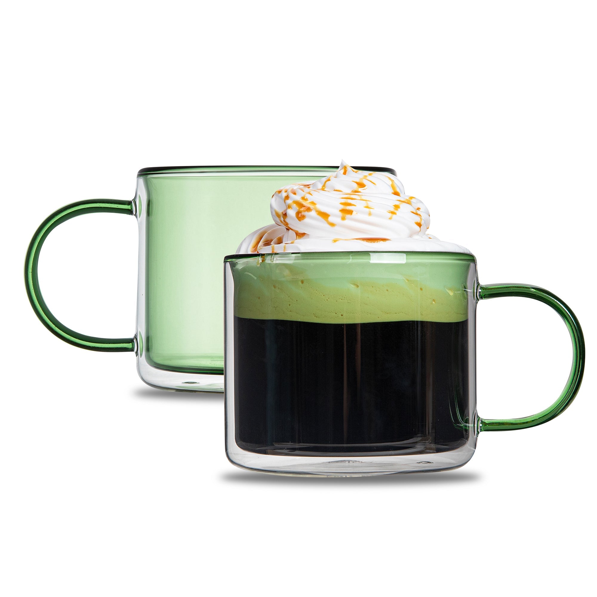 Forma Professional 11 oz Green Glass Coffee Mug - Double Wall, Borosilicate, with Handle - 3 1/2" x 3 1/2" x 3" - 12 count box
