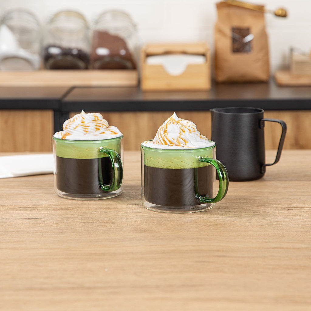 Forma Professional 11 oz Green Glass Coffee Mug - Double Wall, Borosilicate, with Handle - 3 1/2" x 3 1/2" x 3" - 12 count box