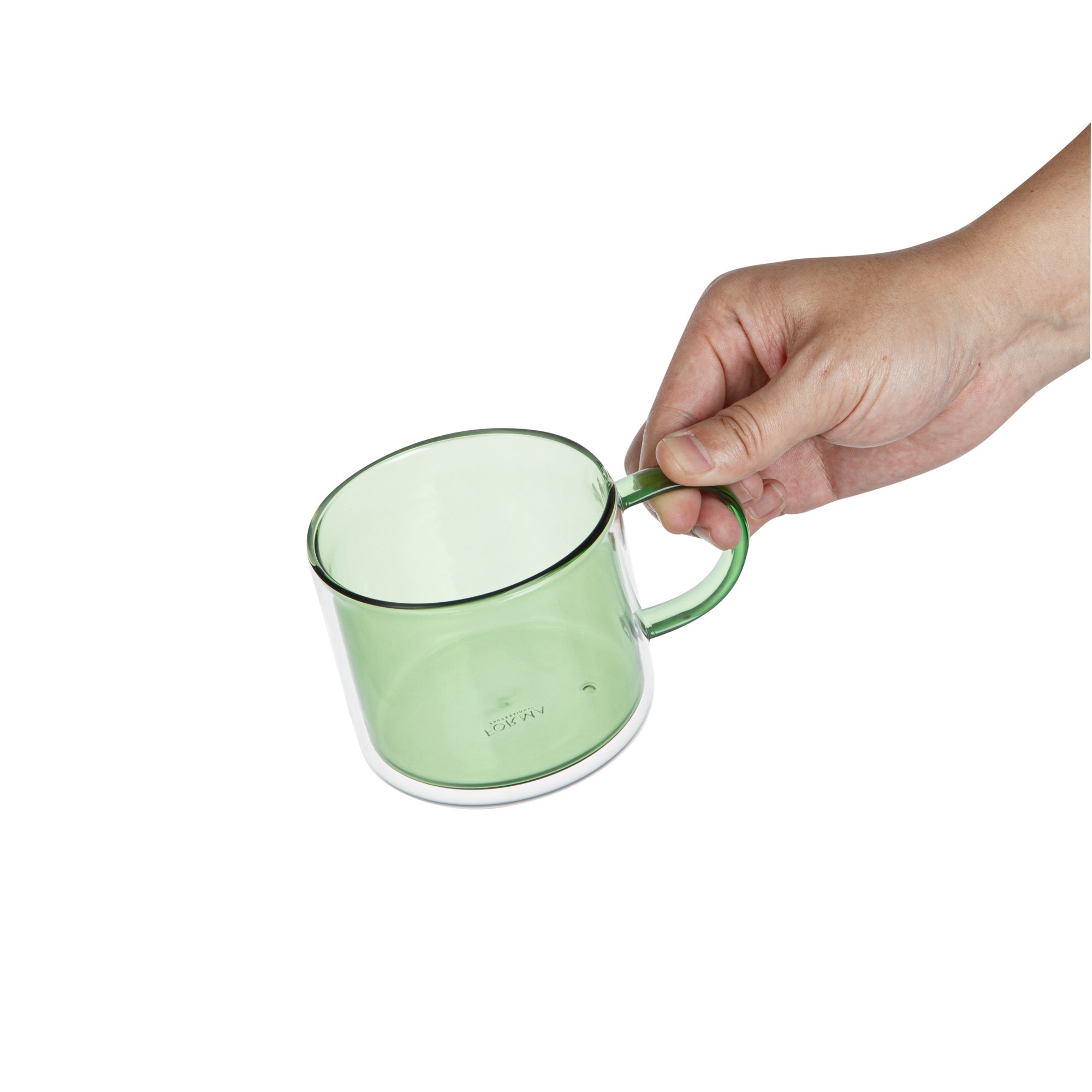 Forma Professional 11 oz Green Glass Coffee Mug - Double Wall, Borosilicate, with Handle - 3 1/2" x 3 1/2" x 3" - 12 count box