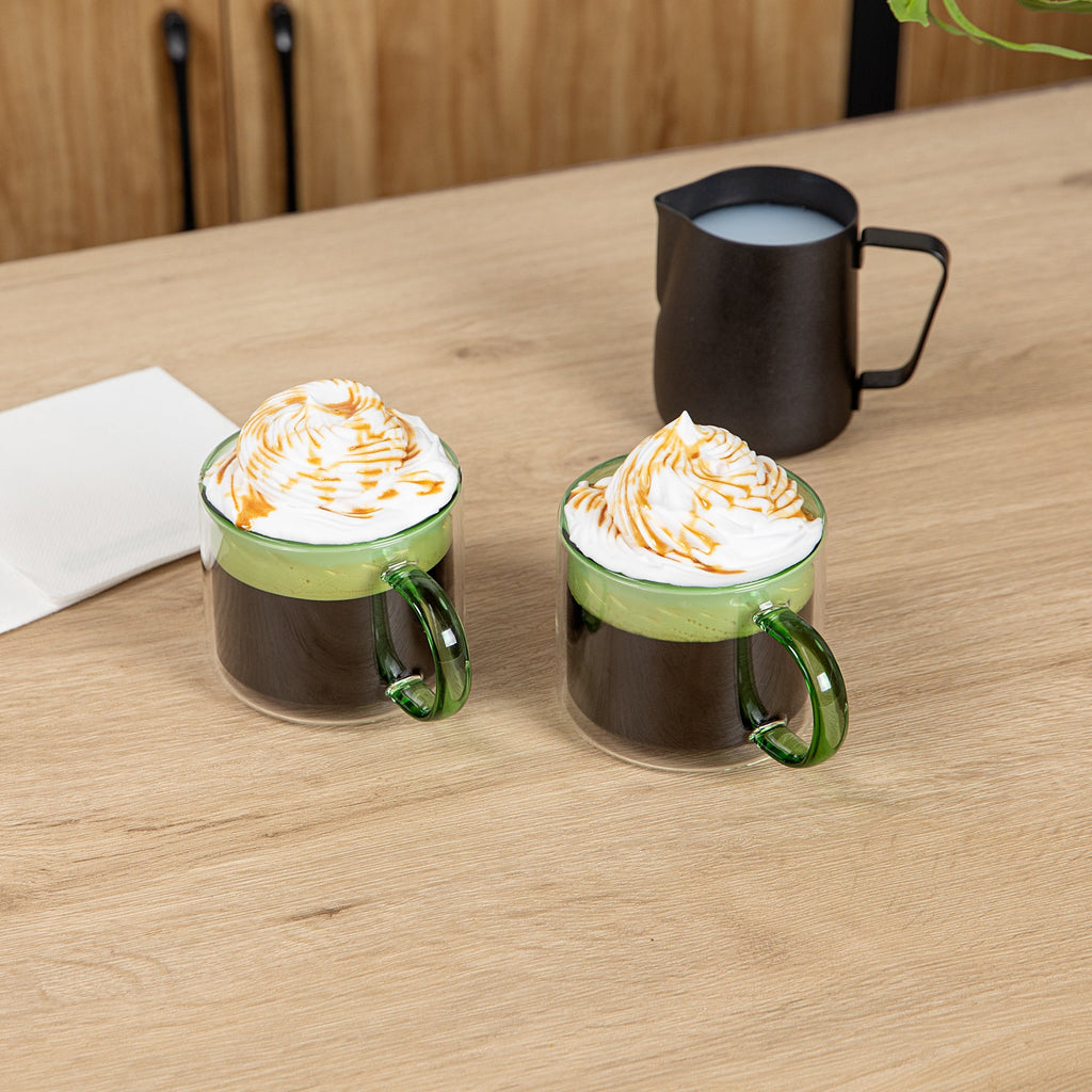 Forma Professional 11 oz Green Glass Coffee Mug - Double Wall, Borosilicate, with Handle - 3 1/2" x 3 1/2" x 3" - 12 count box