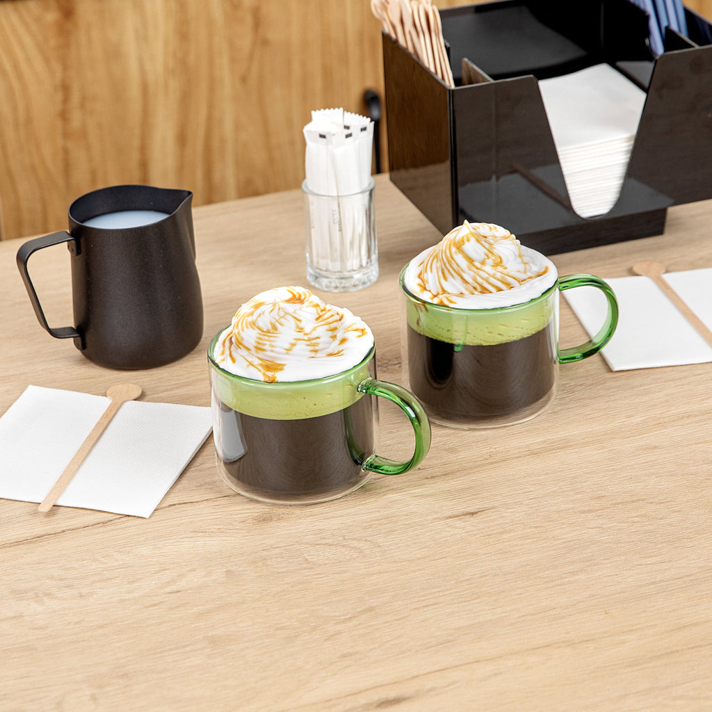 Forma Professional 11 oz Green Glass Coffee Mug - Double Wall, Borosilicate, with Handle - 3 1/2" x 3 1/2" x 3" - 12 count box