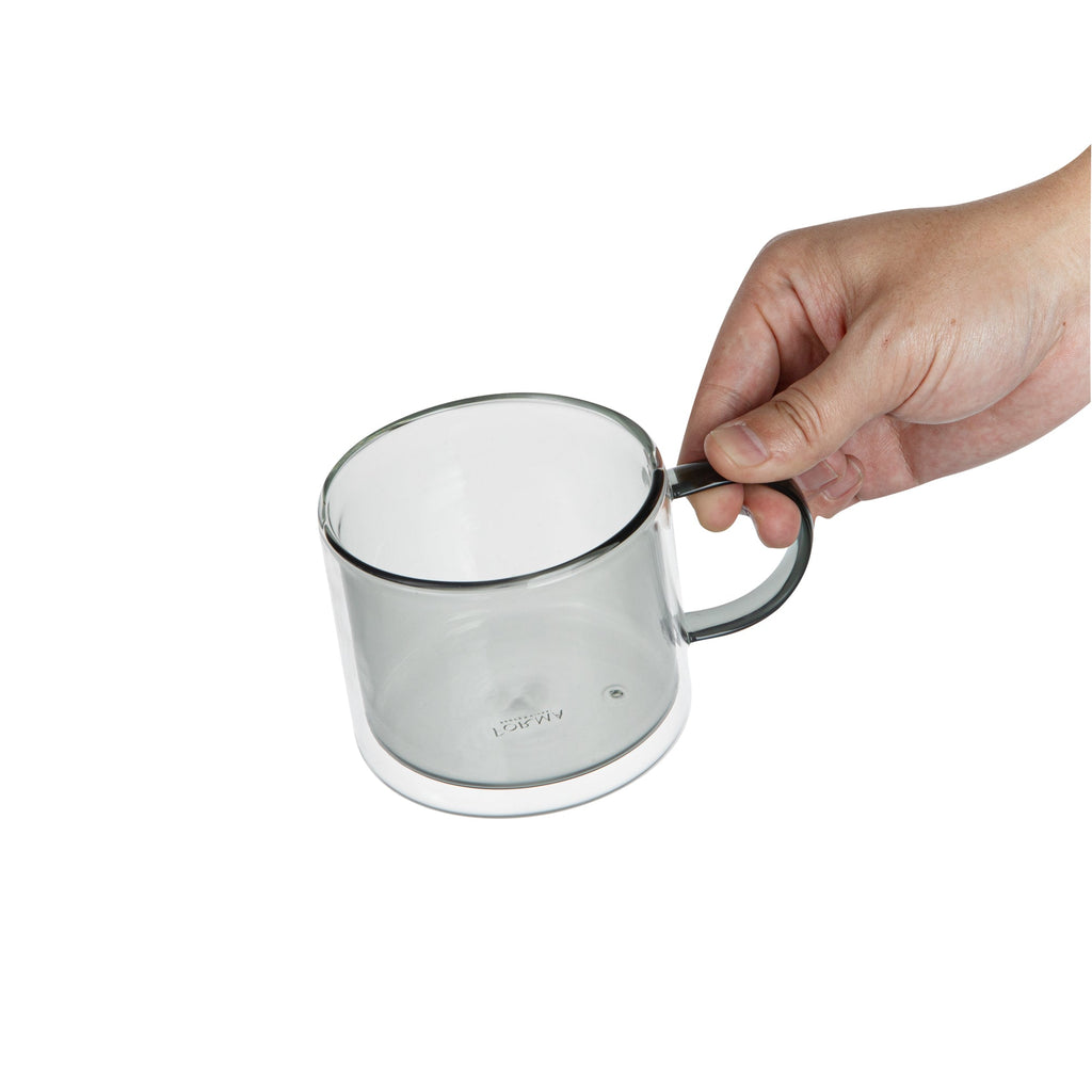 Forma Professional 11 oz Gray Glass Coffee Mug - Double Wall, Borosilicate, with Handle - 3 1/2" x 3 1/2" x 3" - 12 count box