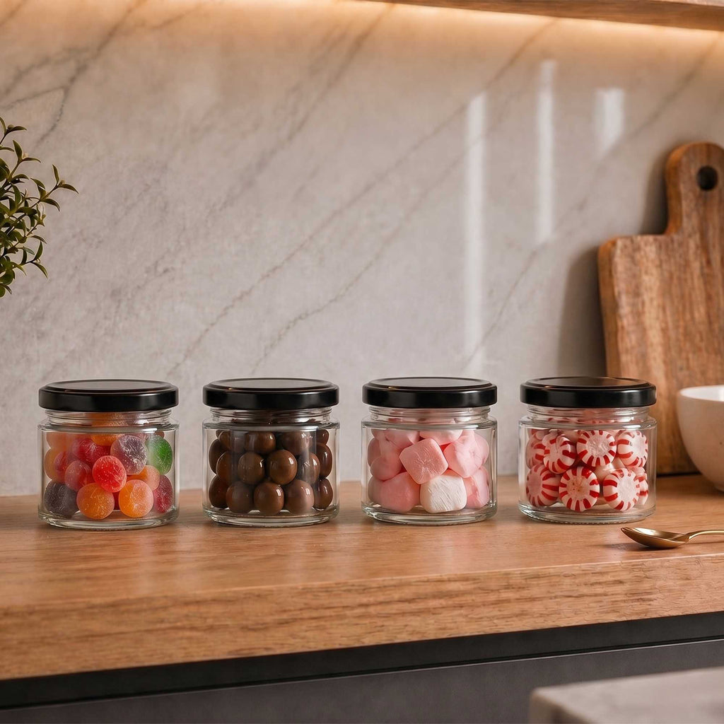 Vetri 6 oz Clear Glass Jar - with Black Metal Lid - 2 3/4" x 2 3/4" x 2 1/2" - 100 count box
