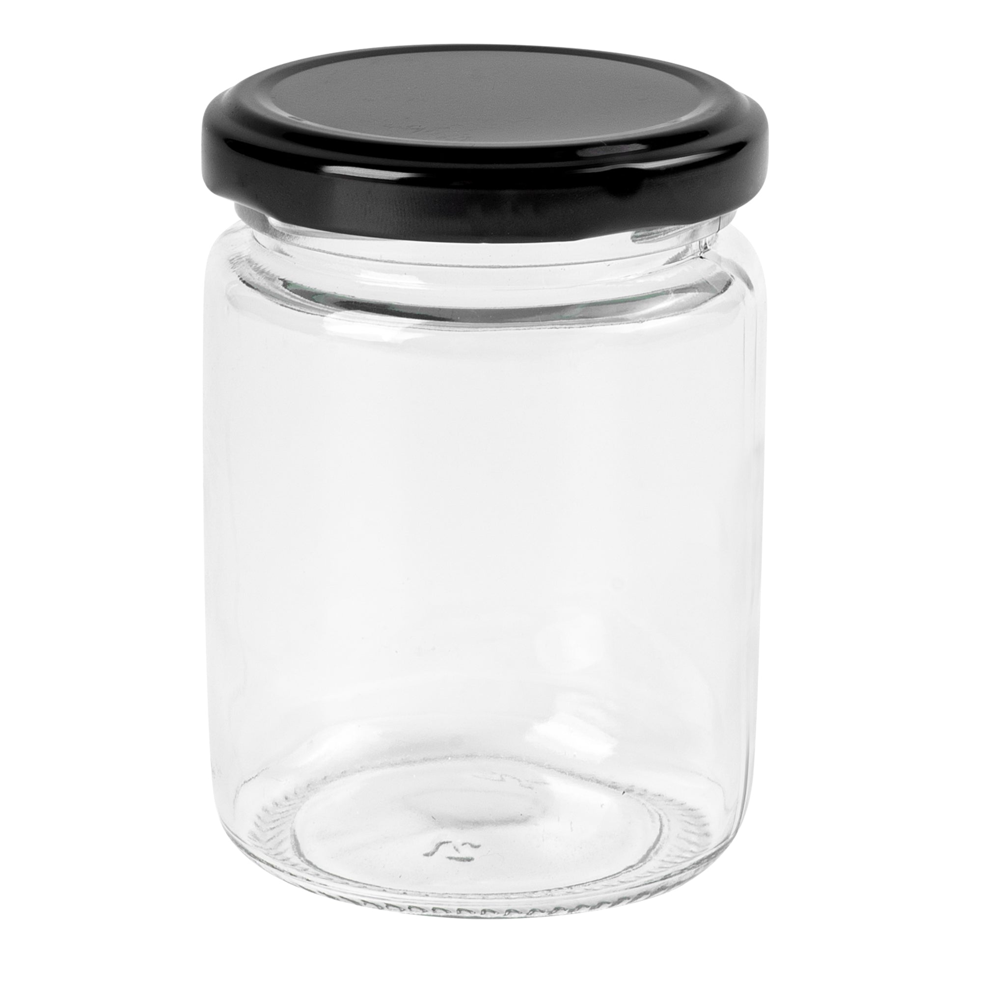 Vetri 8 oz Clear Glass Jar - with Black Metal Lid - 2 3/4" x 2 3/4" x 3 3/4" - 10 count box