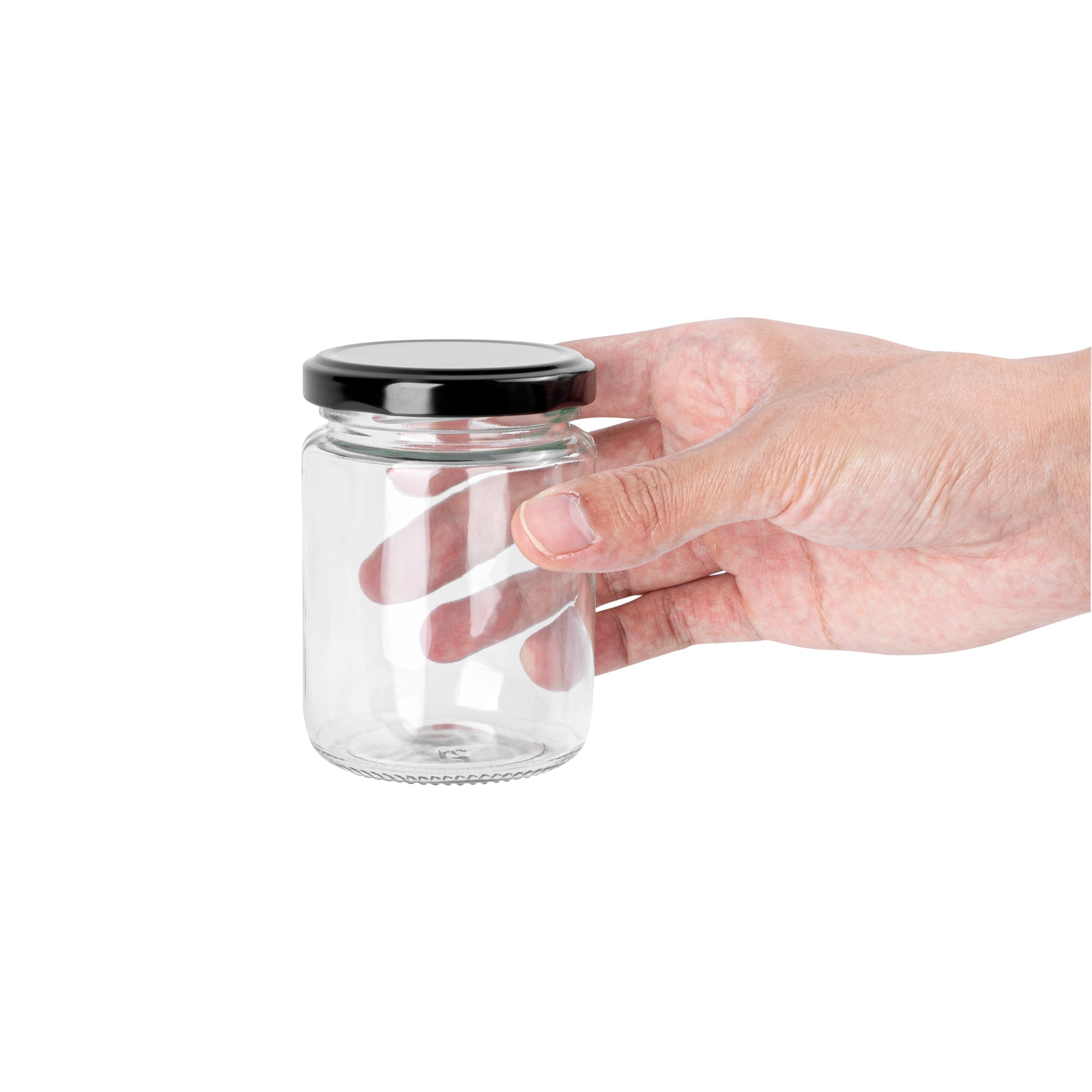 Vetri 8 oz Clear Glass Jar - with Black Metal Lid - 2 3/4" x 2 3/4" x 3 3/4" - 10 count box