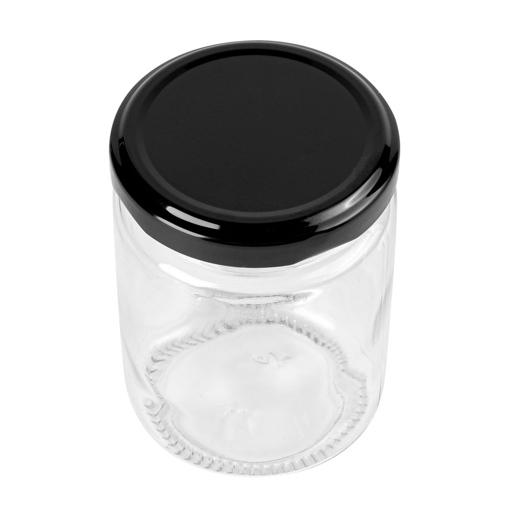Vetri 8 oz Clear Glass Jar - with Black Metal Lid - 2 3/4" x 2 3/4" x 3 3/4" - 10 count box