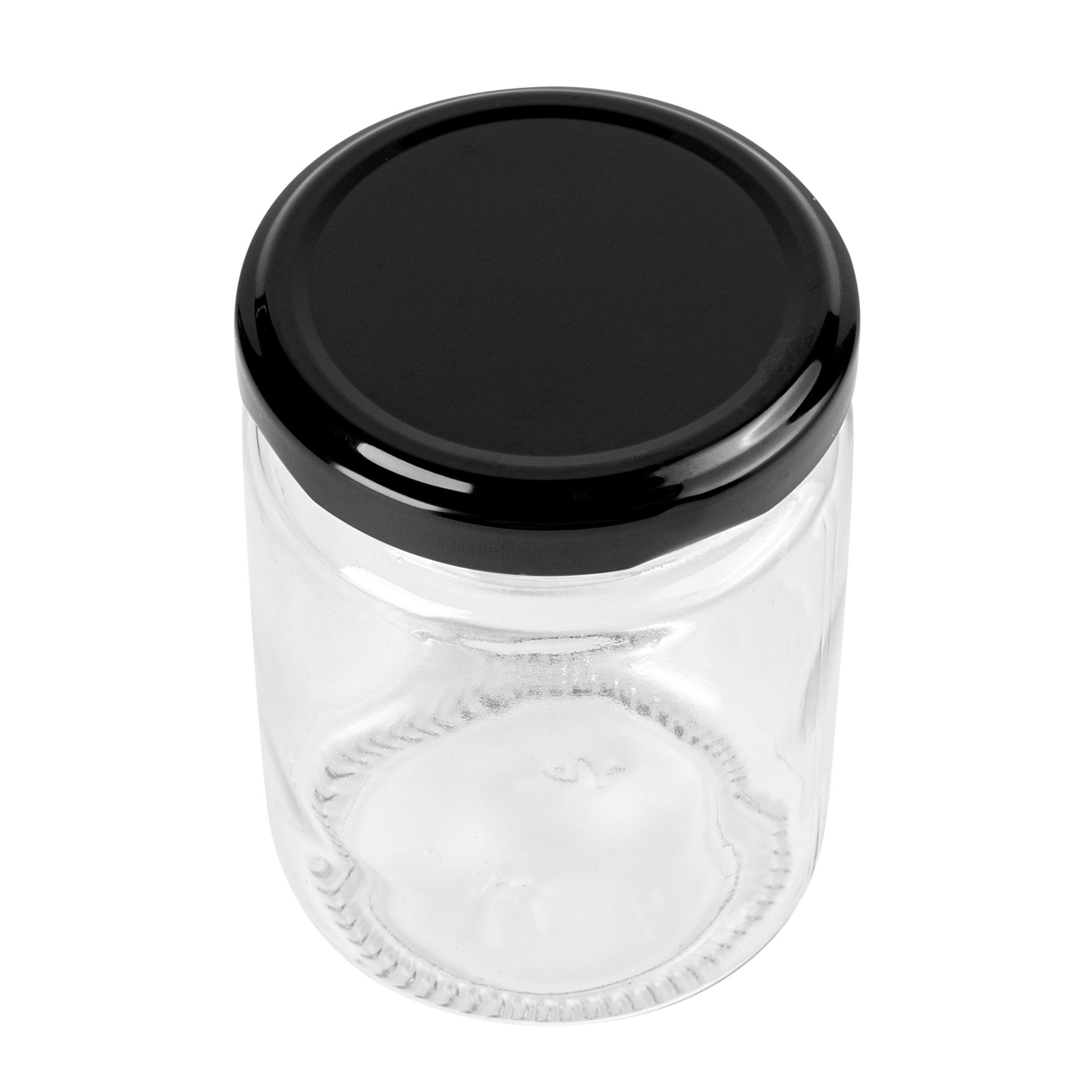 Vetri 8 oz Clear Glass Jar - with Black Metal Lid - 2 3/4" x 2 3/4" x 3 3/4" - 10 count box