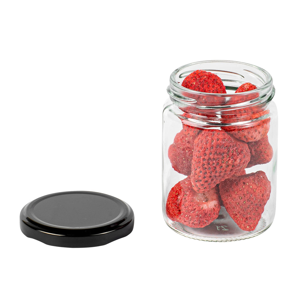Vetri 8 oz Clear Glass Jar - with Black Metal Lid - 2 3/4" x 2 3/4" x 3 3/4" - 100 count box
