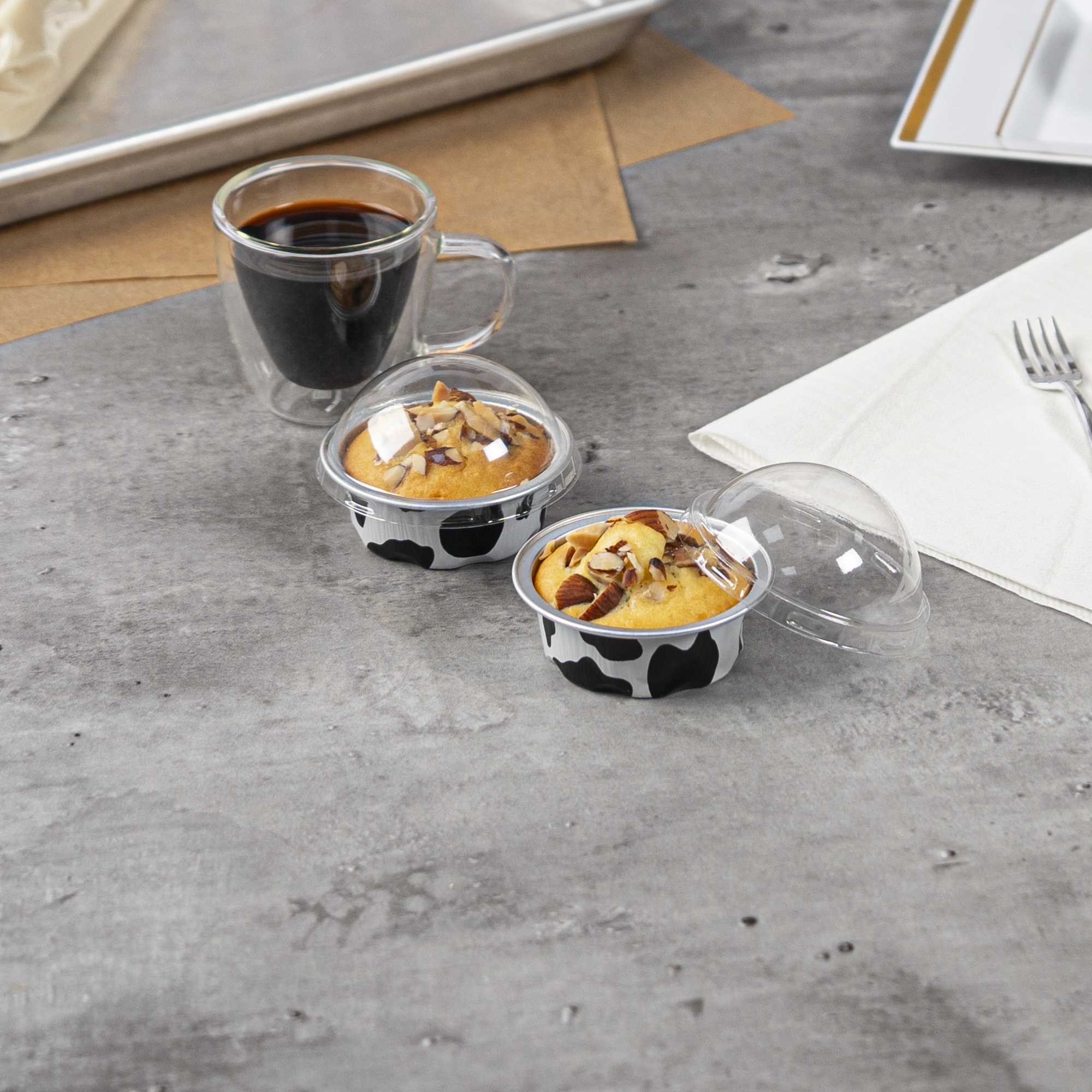 Pastry Tek 2 oz Round Cow Lines Aluminum Baking Cup - with Plastic Dome Lid - 2 3/4" x 2 3/4" x 1" - 100 count box