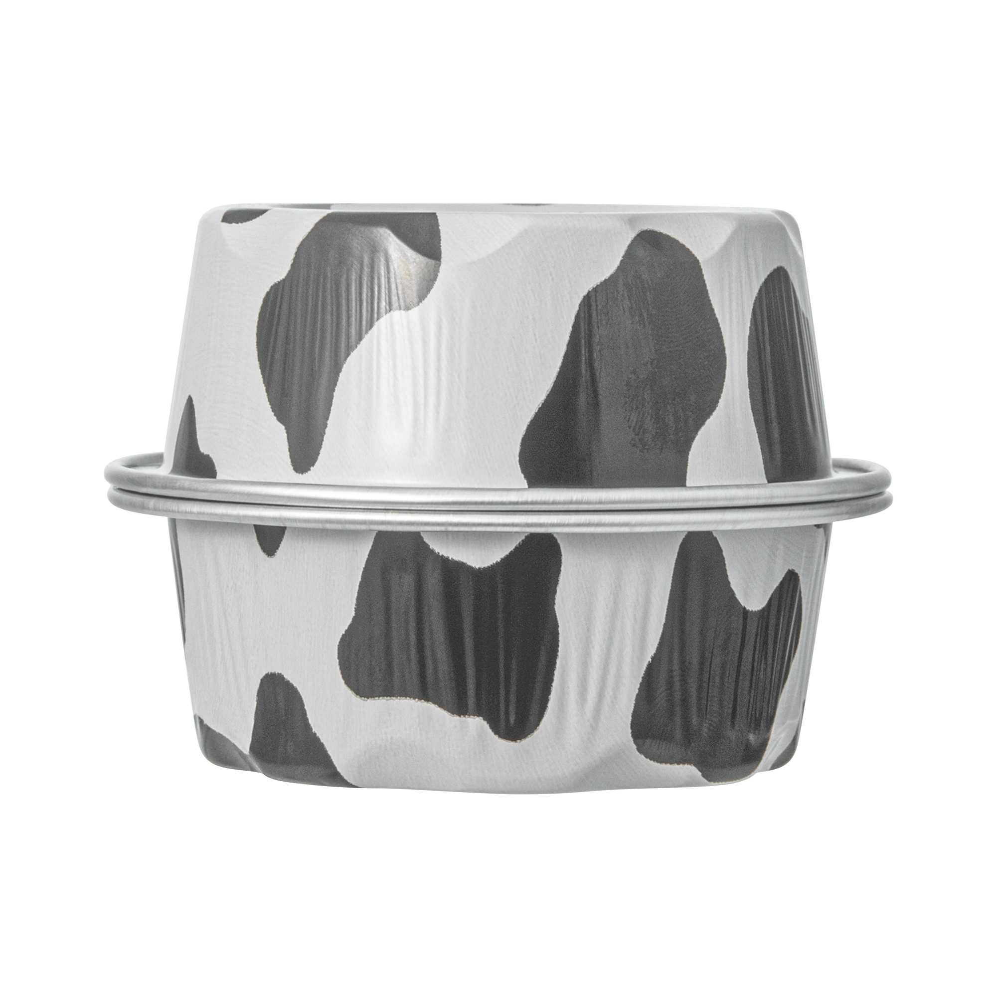 Pastry Tek 2 oz Round Cow Lines Aluminum Baking Cup - with Plastic Dome Lid - 2 3/4" x 2 3/4" x 1" - 100 count box