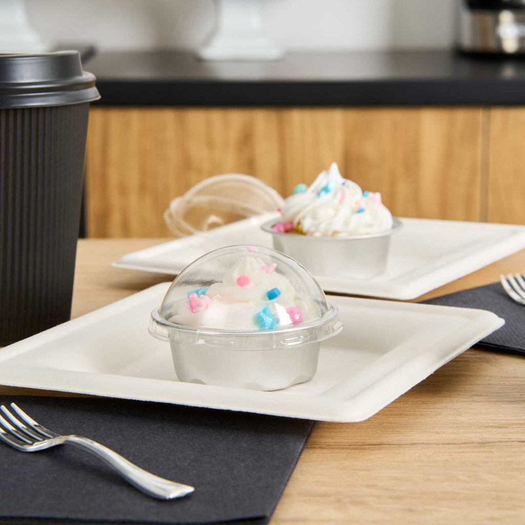 Pastry Tek 2 oz Round Silver Aluminum Baking Cup - with Plastic Dome Lid - 2 3/4" x 2 3/4" x 1" - 100 count box
