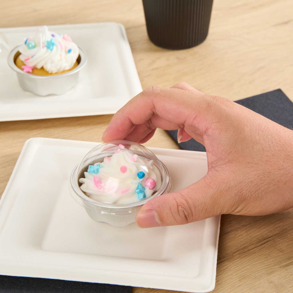Pastry Tek 2 oz Round Silver Aluminum Baking Cup - with Plastic Dome Lid - 2 3/4" x 2 3/4" x 1" - 100 count box