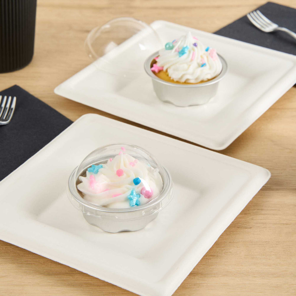 Pastry Tek 2 oz Round Silver Aluminum Baking Cup - with Plastic Dome Lid - 2 3/4" x 2 3/4" x 1" - 100 count box